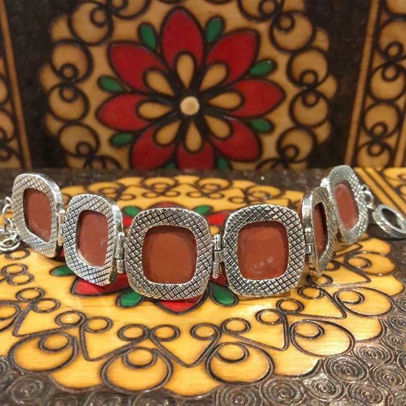 Vintage BARSE Burnt Orange Sterling Silver Toggle Bracelet - Picture 4 of 9
